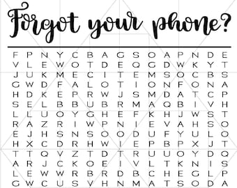 Puede incluir: Un crucigrama en blanco y negro con el título "Forgot your phone?" El crucigrama incluye palabras relacionadas con el cuidado personal y la higiene, como "jabón", "afeitar", "loción", "polvo", "champú" y "pasta de dientes".