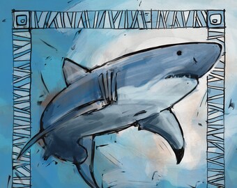 Gran tiburón blanco / descarga digital, gran tiburón blanco, arte animal, bajo el agua