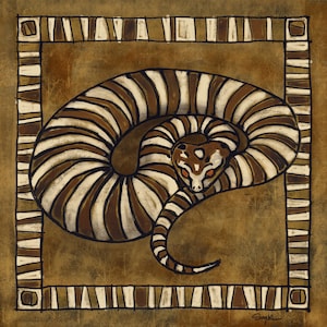 May include: A stylized illustration of a brown and white striped snake curled up in a circle. The snake has a brown background with a white stripe pattern. The snake is set against a brown background with a decorative border.
