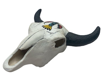 Vintage Acoma Native American Pottery Steer Bull Skull Painted & Signed  5 x 5.5