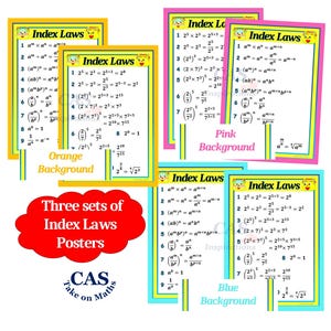 Può includere: Tre serie di poster "Index Laws" con sfondi arancioni, rosa e blu. Ogni poster mostra formule matematiche. I poster hanno un bordo giallo e il testo "Index Laws" in alto.