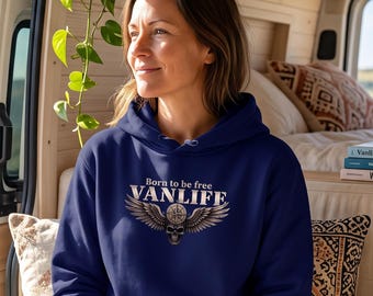 Vanlife hoodie voor dames, biologisch katoen, Born to be Free, cadeau voor kampeerders, roadtrip trui, camperoutfit, outdooravonturen