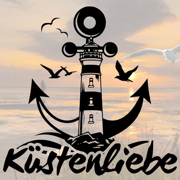 Vinyl Auto Aufkleber "Küstenliebe" - Anker, Möwen, Leuchtturm | Ostsee, Nordsee, Nordseeküste