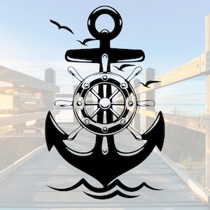 Maritieme vinylsticker – anker, stuurwiel en meeuwen, campersticker, caravandecoratie, autosticker, weerbestendig, boot | kampeerder