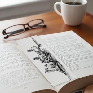 Segnalibro divertente con mucca, segnalibro umoristico con animali da fattoria, disegno in bianco e nero, regalo per lettori e bambini
