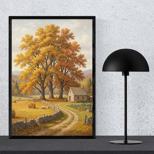 Autumn Landscape Oil Painting Digital Download Vintage Farmhouse Fall Decor Rustic Cottage Wall Art Printable Harvest Meadow Pumpkin Print