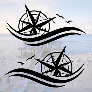 Vinyl stickerset Kompas Golven Meeuwen – Maritiem ontwerp voor auto Camper Van Boot Raam – Weerbestendig UV-bestendig – Veel kleuren