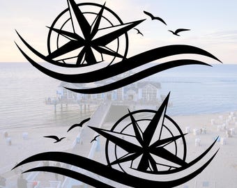 Compass Rose Waves SVG Plotter File Nautical Cutfile Seagulls Maritime Silhouette Car Decal Camper Van Cricut Instant Download