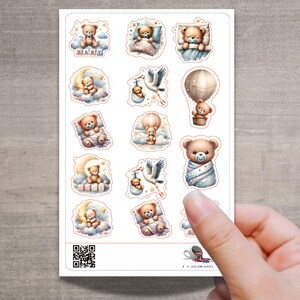 Stickerbogen Baby Teddy – 14 Aufkleber zur Geburt mit Wolken, Bären & Storch für Karten, Tagebuch, Geschenk zur Geburt oder Taufe