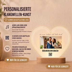 May include: A heart-shaped acrylic plaque with an integrated light, mounted on a wooden base. The plaque displays a photograph of two people, the German text 'Hi mein Schatz! Ich liebe Dich', a black sound wave graphic, and a scannable QR code.