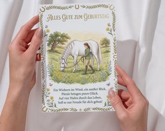 Biglietto di auguri di compleanno con cavaliere, acquerello, cartolina con poesia, cartolina pieghevole per amanti dei cavalli, tutto il meglio, regalo, pony, decorazione equestre