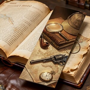 Lesezeichen Vintage Krimi | Sherlock Holmes Style | Detektiv Lupe, Pfeife & Revolver |  Buchzubehör für Krimifans