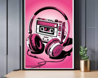 Retro Walkman Pink Poster | 80s Music Decor | Cassette Player & Headphones | Pop Art Wall Art | Instant Download | Vintage Vibes