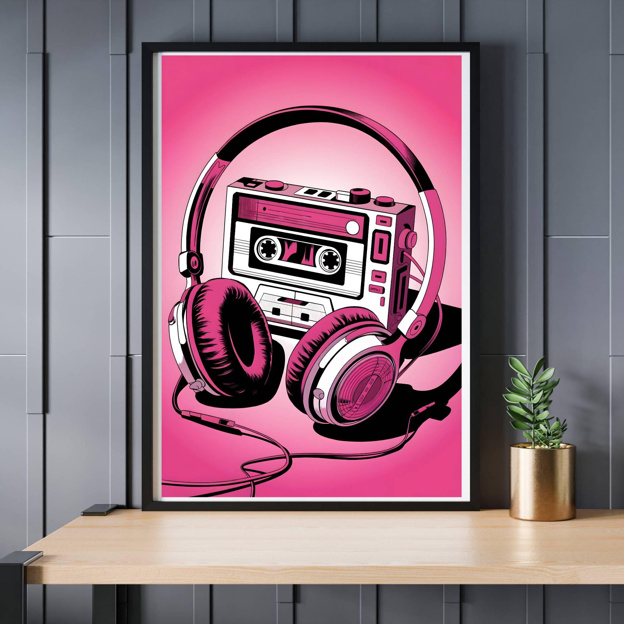 Retro Graphics Pink Retro Walkman Pink Poster | 80s Music Decor | Cassette Player ...