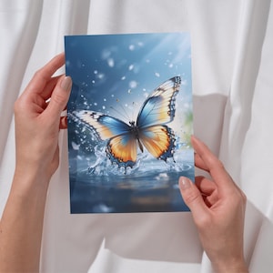 Poster Schmetterling Wasser Kunstdruck Blau Orange Wandbild Natur Magisch Postkarte Frühling Deko Schlafzimmer Geschenk Tierbild Fantasy