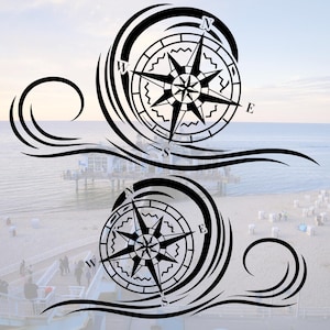 Maritieme vinylstickerset - kompas & golf, campersticker, caravandecoratie, autosticker, weerbestendig, boot, camperdecoratie