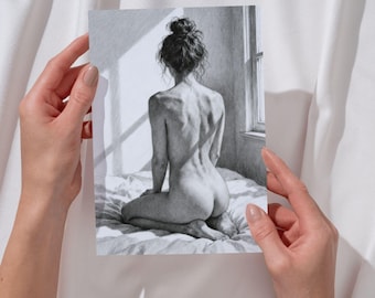Nude drawing of a woman, art print, black and white, wall art, pencil drawing, back, postcard, aesthetics, bedroom decor, sensual art