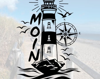 Maritime vinyl sticker with seagulls, lighthouse, compass and "Moin" | North Sea, North Sea coast | Car sticker wall