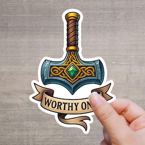 Worthy Only Sticker mit Thors Hammer – Nordische Mythologie Aufkleber mit Runenmuster & Edelstein – Wikinger Deko für Helm , Laptop