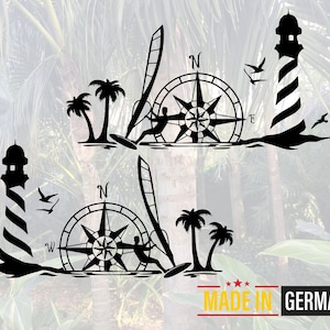 Windsurfer Vinyl Sticker met Vuurtoren, Palmbomen & Kompas – Auto Camper Boot – Enkel of Set – 5 Maten – Weerbestendig