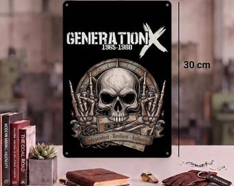 Generation X Tin Sign Skull • Gift for those born between 1965 and 1980 • Retro Cassette Wall Decor • Rocker Decor for Man Den • Vintage Sign
