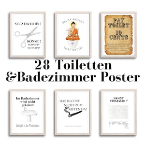 Könnte beinhalten: Ein Set mit 28 Badezimmer-Postern mit humorvollen und skurrilen Designs. Die Poster zeigen Illustrationen und Text in deutscher Sprache, darunter Sätze wie "Setz dich hin!" und "Das Klo ist nicht zum kiffen da!"