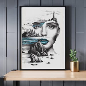 Digital poster – Ansikte, hav och fyr | Dubbelexponering med blå accenter | PDF | PNG | Direktnedladdning