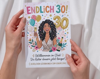 Grappige verjaardagskaart voor een 30e verjaardag, geestige verjaardagskaart, eindelijk 30 vrouw, vouwkaart, ansichtkaart, humoristische tekst, feestdecoratie, cadeau-idee voor een 30-jarige
