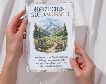 Tarjeta de cumpleaños, senderismo, montañas, tarjeta de felicitación, excursionista, regalo, postal al aire libre, tarjeta plegable, acuarela, paisaje de montaña, montañismo, poema, naturaleza