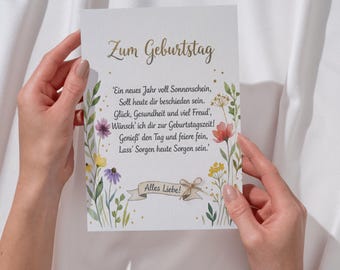 Birthday card, floral watercolor postcard with poem, wildflower greeting card, birthday greeting card for women, folding card, all the best, floral vintage gift