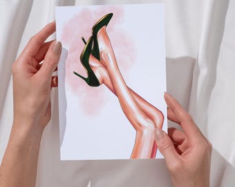 Poster Fashion Illustration Legs High Heels Green Art Print Glamour Wall Art Pink Decor Dressing Room Beauty Digital Download