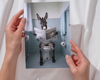 Poster Donkey on Toilet Funny Bathroom Wall Art Guest WC Art Print Toilet Decor Humor Newspaper Animal Picture Postcard Housewarming Gift Shared Apartment