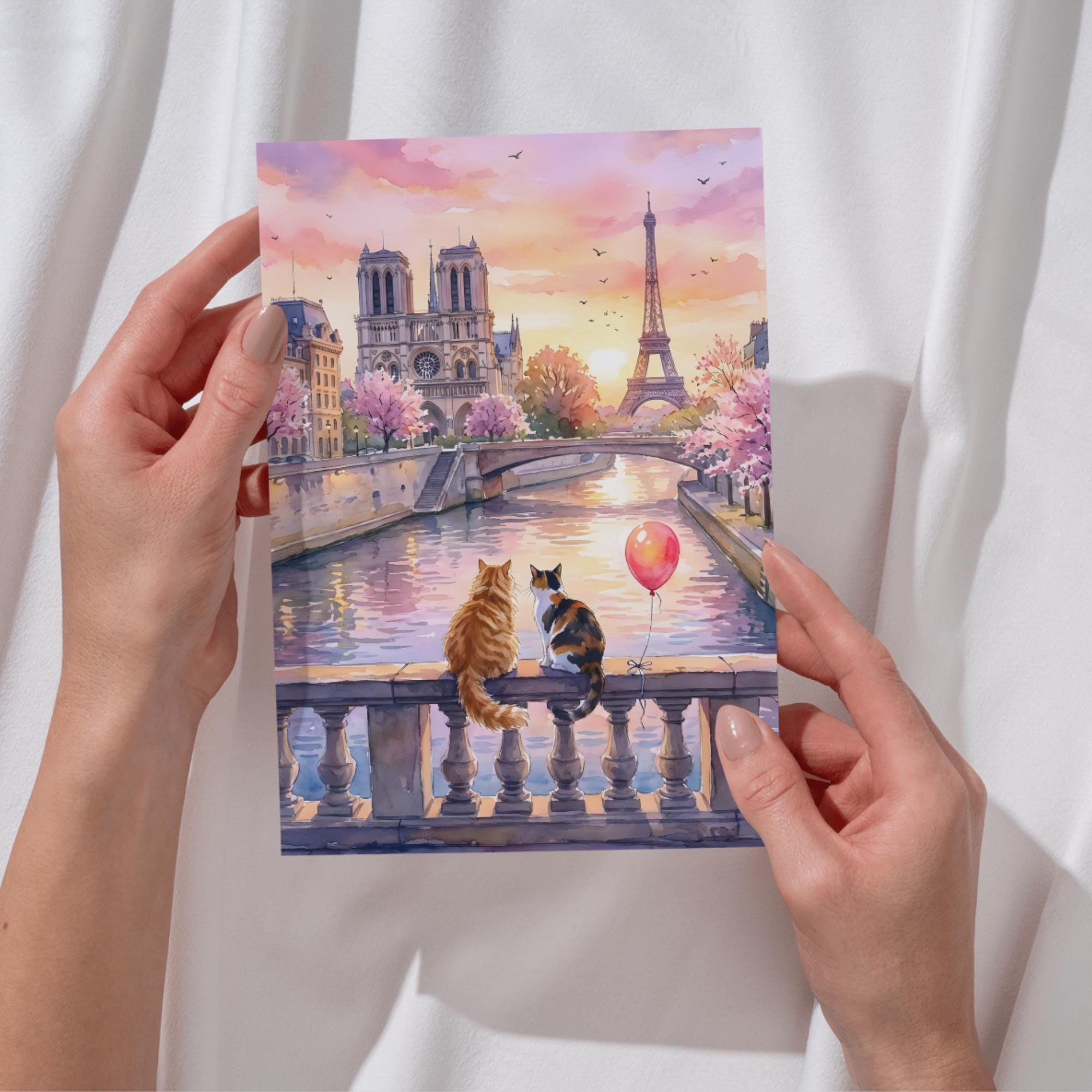 Poster Cats Paris Art Print Watercolor Wall Art Eiffel Tower Romantic ...