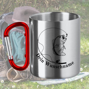 Cup for anglers personalized gift stainless steel cup with carabiner handle enamel cup angler gift for him personalized cup