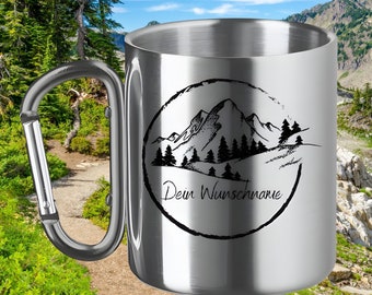 Personalized stainless steel cup with carabiner handle, hiking, mountain silhouette, camping, outdoor, compass | Stainless steel cup