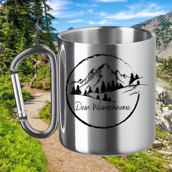 Personalisierte Edelstahltasse mit Karabiner Griff, Wandern, Bergsilhouette, Camping, Outdoor , Kompass | Tasse aus Edelstahl