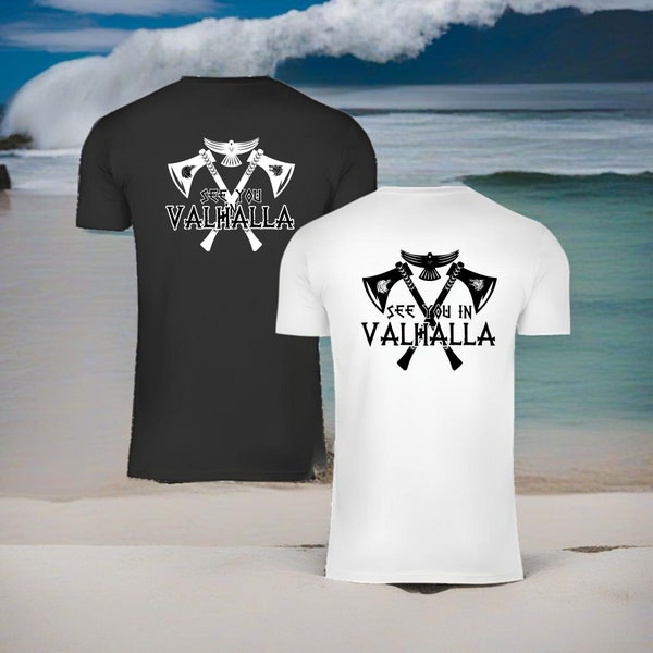 T-Shirt  'See you in Valhalla'  | Mythologisches Shirt mit Äxten, Raben und Wolf