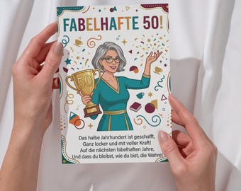 Funny 50th birthday card, fabulous 50th birthday card for women, saying, folding card, postcard, humor, gift, 50 years, trophy, milestone