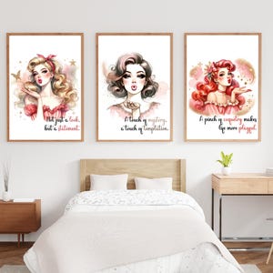 Juego de 3 pósteres de moda y belleza con ilustraciones en acuarela para pared, ideales para vestidor o tocador. Incluye frases femeninas y una descarga digital.
