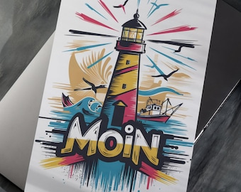 Hello postcard, lighthouse, colorful - maritime greeting card A6 - Northern Germany decor - funny art print, seagulls & boat - holiday souvenir