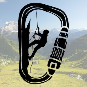 May include: Black and white silhouette of a climber rappelling down a rock face, with a large black carabiner in the background.