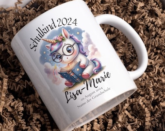 Personalized cup with a unicorn motif for school starters 2024