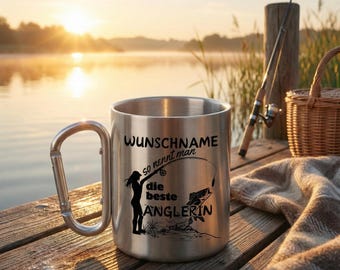 Angler Gift Mug with Stainless Steel Carabiner | Funny Camping Mug for Fisherwoman | Outdoor Fishing Accessories for Women | Break-Resistant & Robust