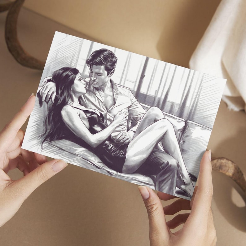 Poster Romantic Couple Pencil Drawing | Loving Couple on Sofa Sketch ...