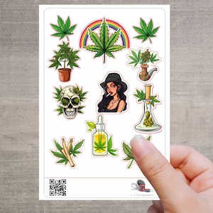 Stickerbogen Cannabis – 11 Weed Aufkleber mit Hanfblatt, Bong, Skull & Girl für Laptop, Tabakdose, Flasche, Jointbox