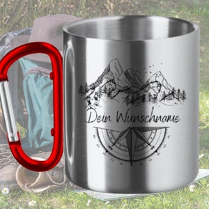 Personalized stainless steel cup with carabiner handle, hiking, mountain silhouette, camping, outdoor, compass in Rot