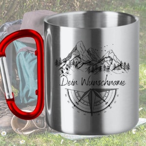 Personalized stainless steel mug with carabiner handle, hiking, mountain silhouette, camping, outdoor, compass