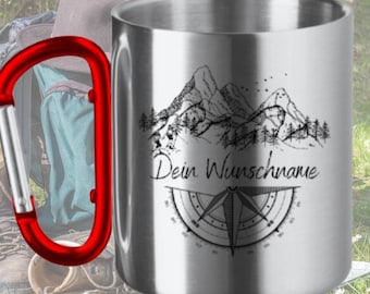 Personalized stainless steel cup with carabiner handle, hiking, mountain silhouette, camping, outdoor, compass