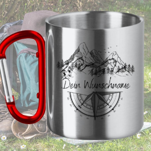 Personalisierte Edelstahltasse mit Karabiner Griff, Wandern, Bergsilhouette, Camping, Outdoor , Kompass