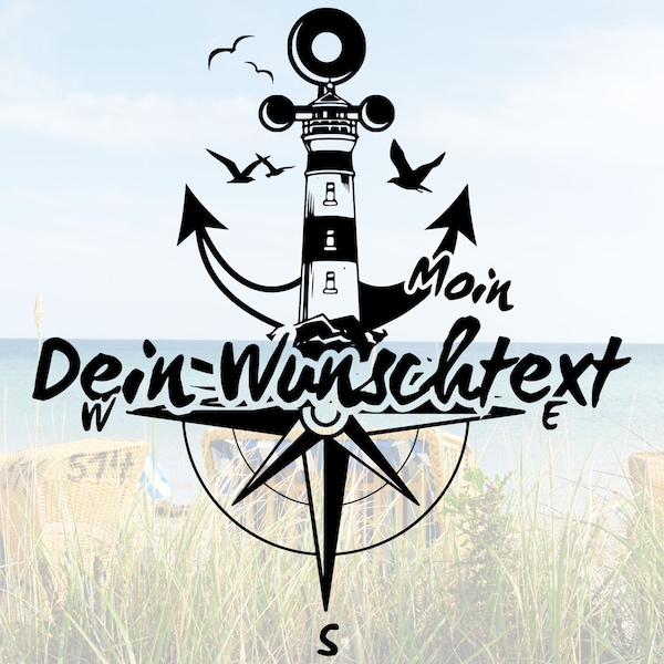 Vinyl Aufkleber mit Deinem Wunschtext- Nordsee Anker Möwen Leuchtturm Kompass - personalisiert